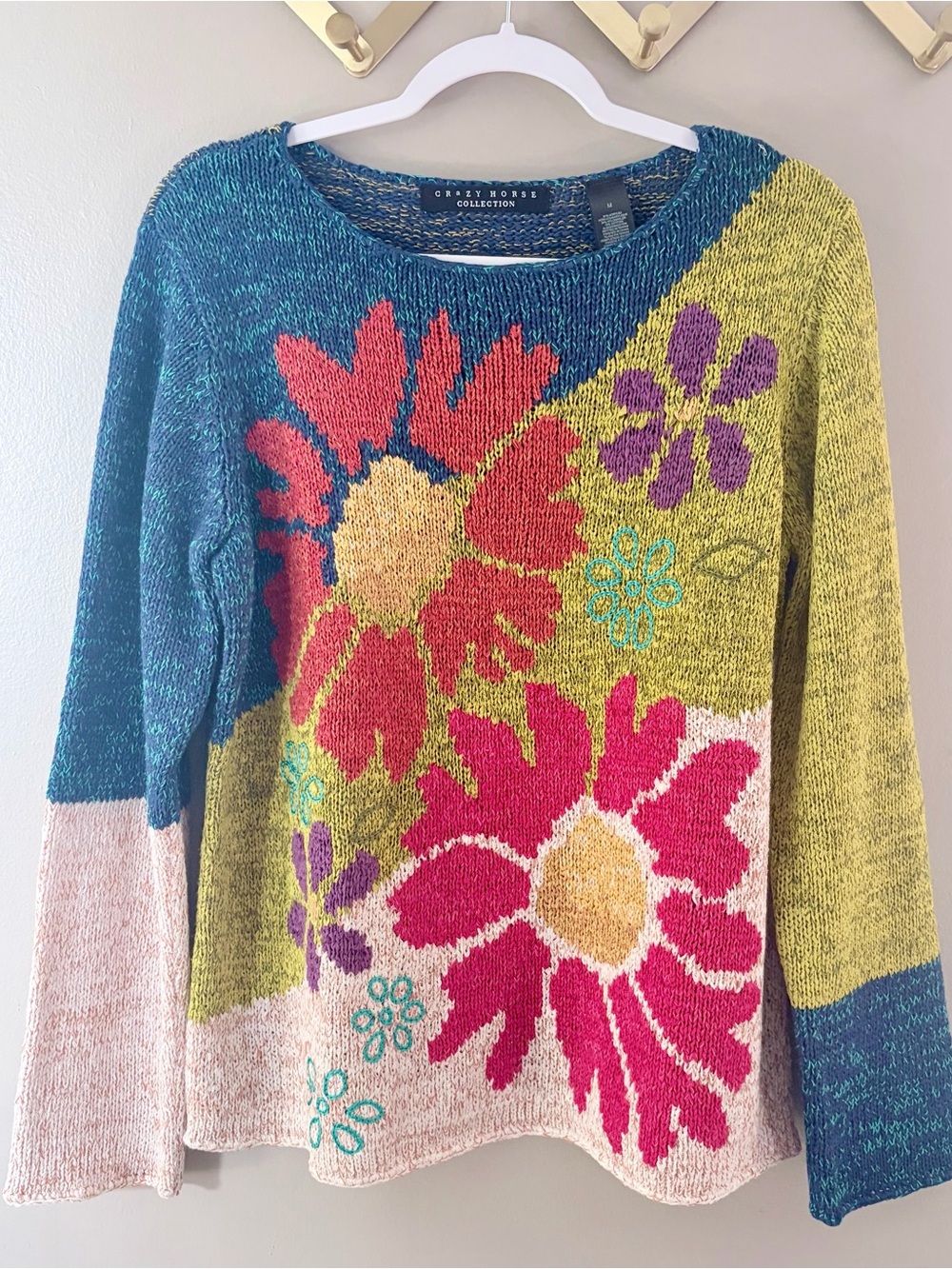 Y2K Floral Knit Sweater Daisy Patchwork Crazy Horse Medium